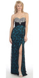 Studded Bodice Strapless Lace Long Black Teal Prom Gown