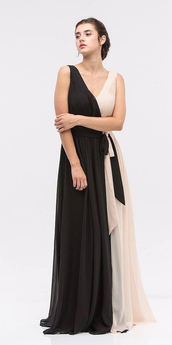 Black/Taupe V-Neck Ruched Bodice A-Line Formal Dress Long