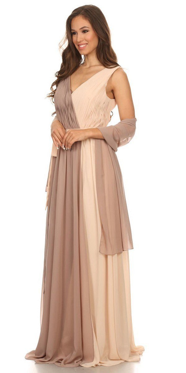 Mocha/Taupe V-Neck Ruched Bodice A-Line Formal Dress Long