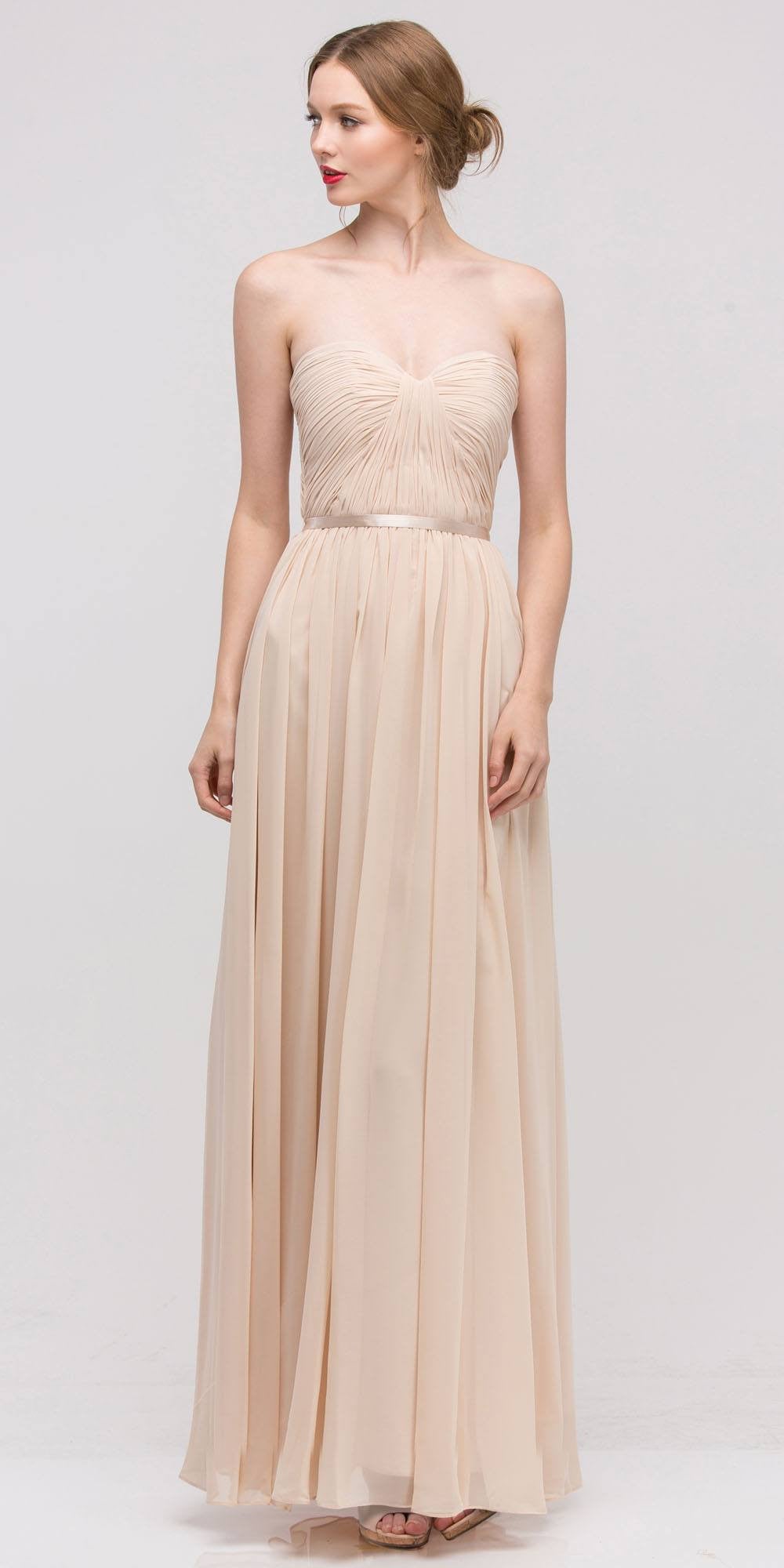 Belted Waist Ruched Long A Line Champagne Formal Dress