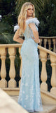 Juliet 288 Long Off the Shoulder Feather Strap Fitted Glitter Print Gown