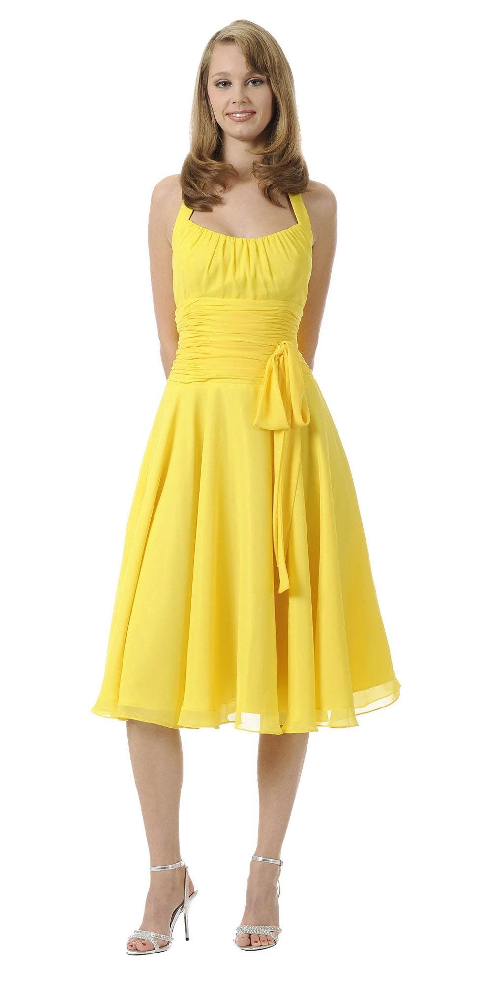 CLEARANCE - Halter Strap Yellow Chiffon Knee Length Dress With Bow (Size Small)