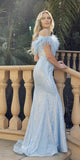 Juliet 292 Long Feather Neckline Off the Shoulder High Slit Prom Gown