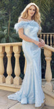 Juliet 292 Long Feather Neckline Off the Shoulder High Slit Prom Gown