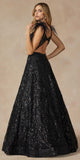 Juliet 297 Floor Length Feathered Cap Sleeve Patterned Sequin A-Line Gown