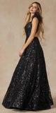 Juliet 297 Floor Length Feathered Cap Sleeve Patterned Sequin A-Line Gown