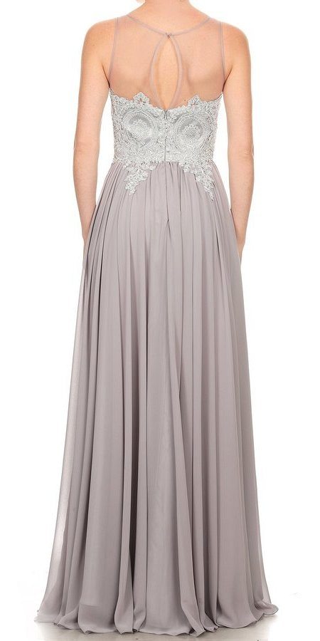 Illusion Keyhole Back Long Prom Dress with Appliques Silver