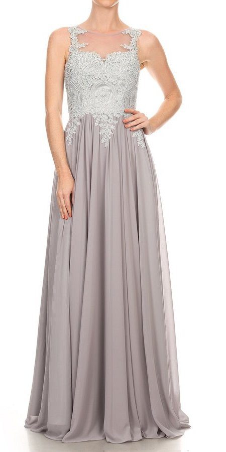 Illusion Keyhole Back Long Prom Dress with Appliques Silver