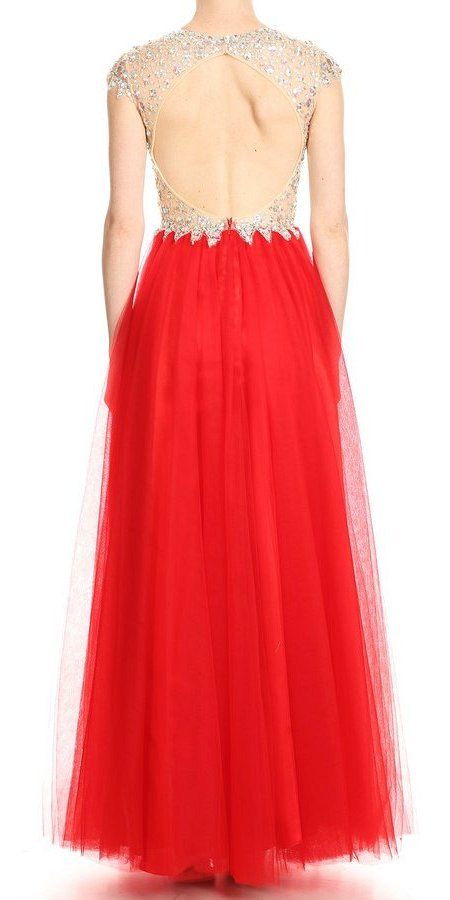 Deep V-Neck Illusion Bodice Red Prom Gown