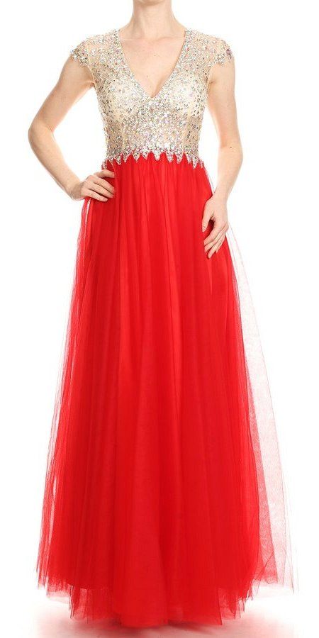 Deep V-Neck Illusion Bodice Red Prom Gown