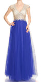 Deep V-Neck Illusion Bodice Royal Blue Prom Gown