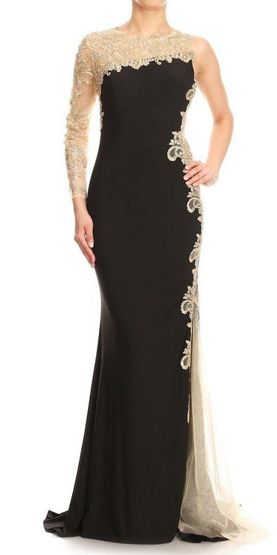 Appliqued One-Sleeve Long Formal Dress Black