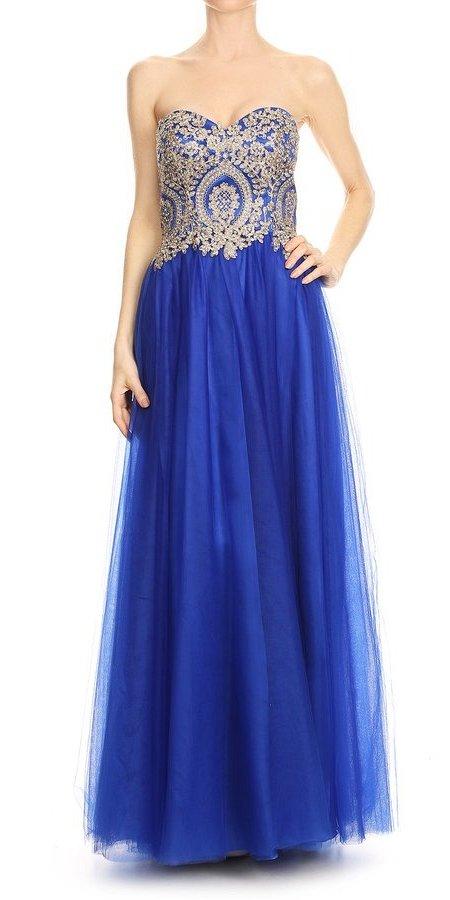 Strapless Long Prom Dress Appliqued Bodice Royal Blue