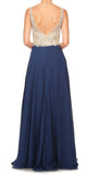 V-Neck Embellished Long Prom Dress Navy Blue