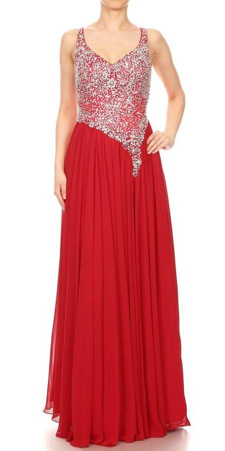 V-Neck Embellished Long Prom Dress Red