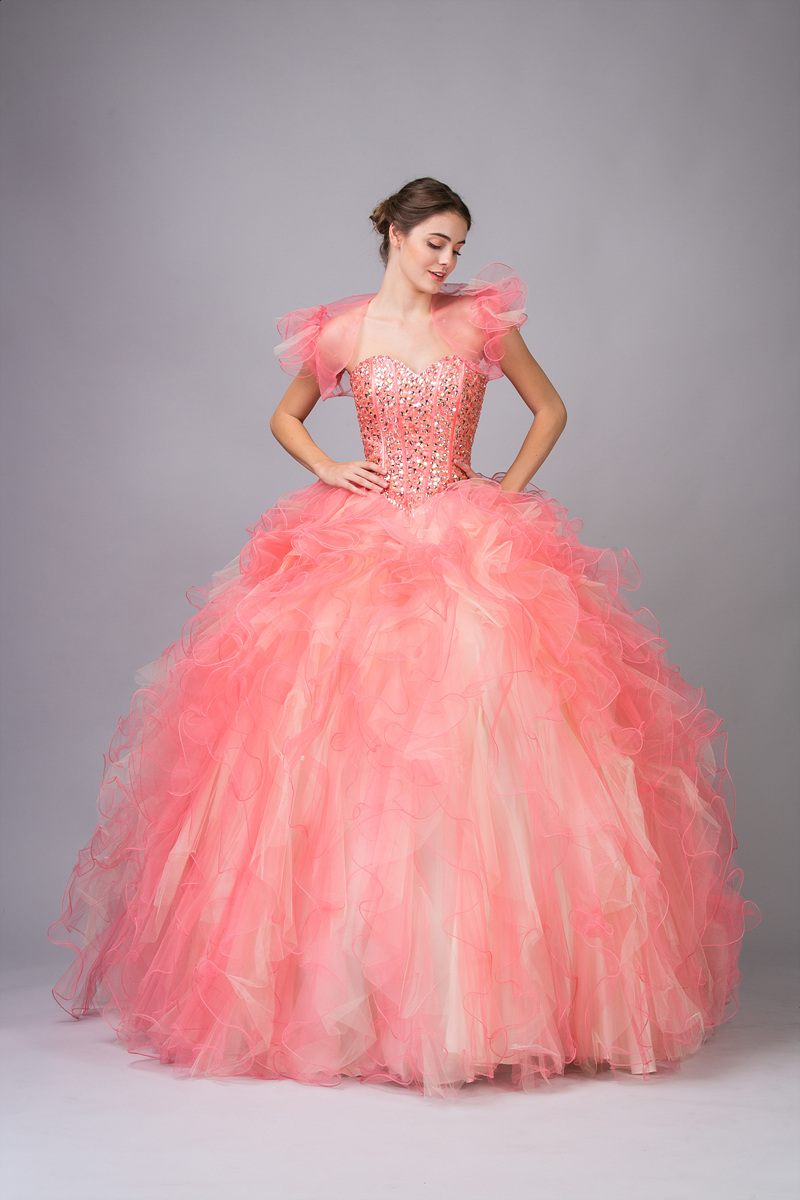 Eureka Fashion 3050 Long A Line Princess Gown Coral Strapless Boned Multi Layer