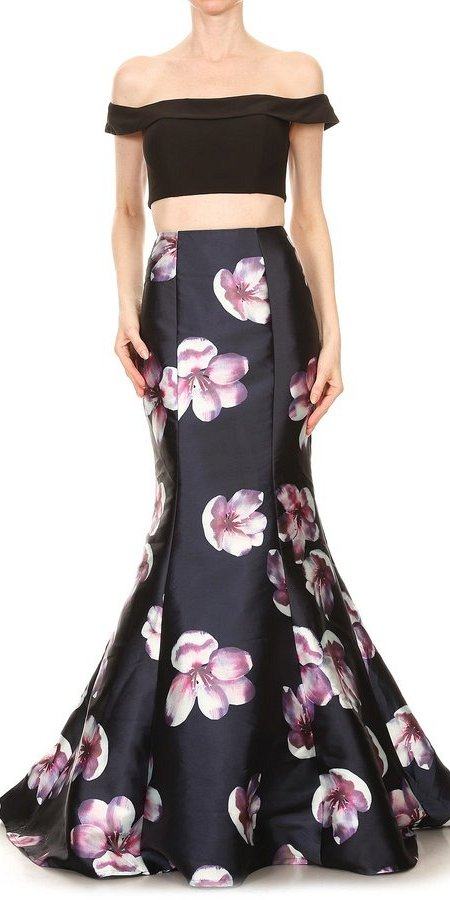 Floral Skirt Black Crop Top Two-Piece Prom Gown