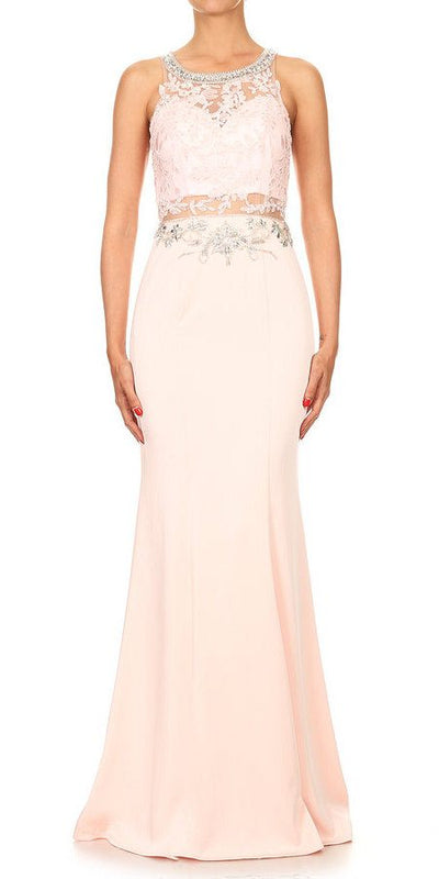 Blush Long Formal Dress with Sheer Lace Midriff