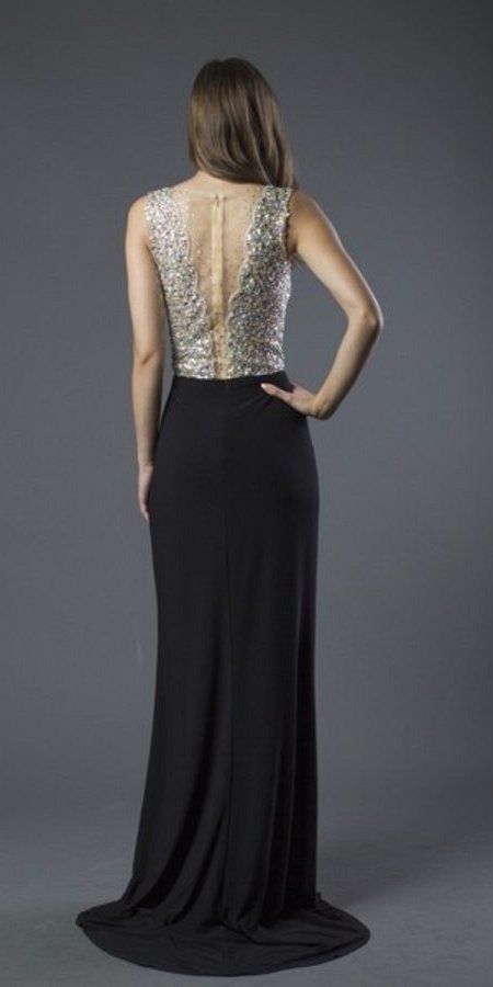 Beaded Sheer Cut-Out Top Long Prom Dress Navy Blue