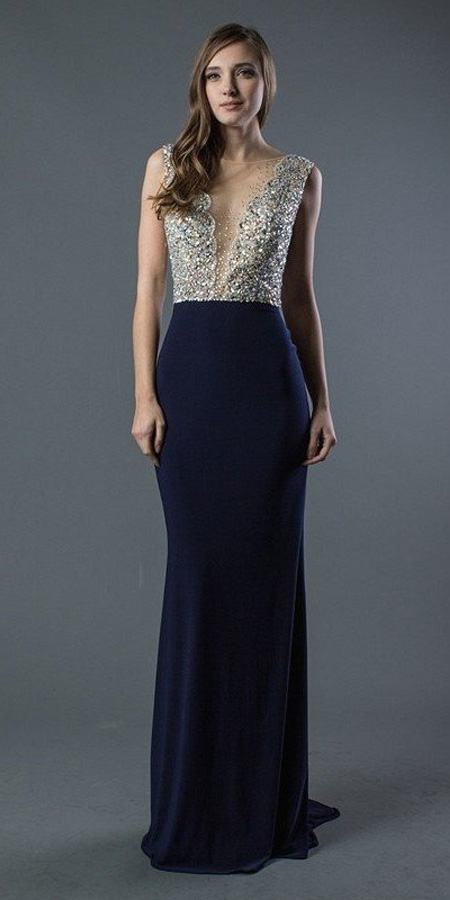 Beaded Sheer Cut-Out Top Long Prom Dress Navy Blue