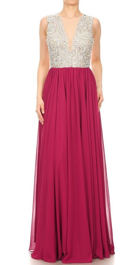 Wine Long Formal A-Line Dress with Beaded Bodice
