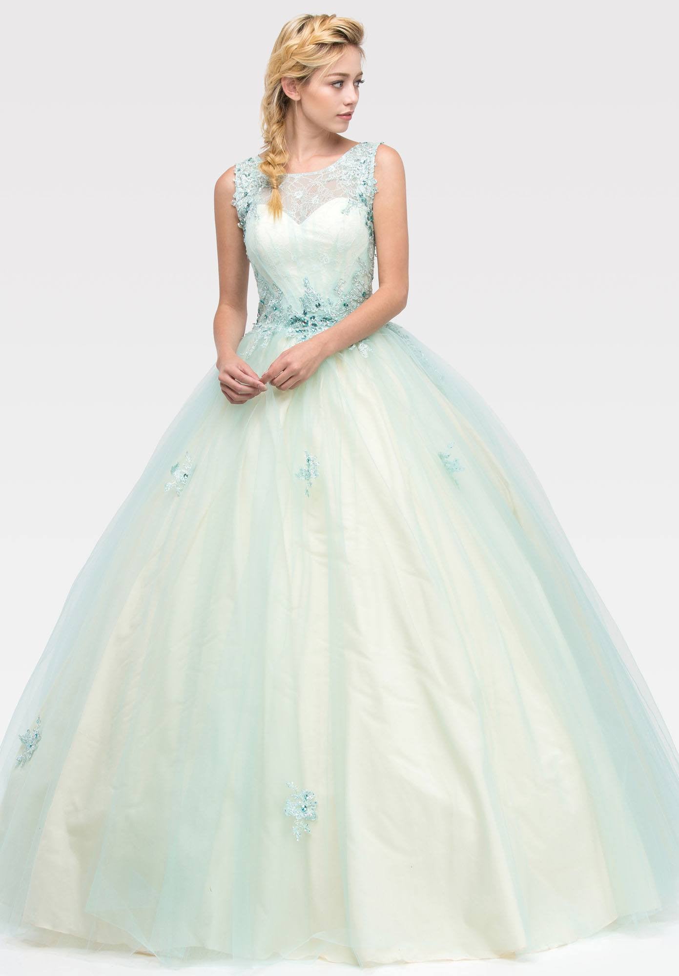Illusion Lace Embellished Bodice Quinceanera Dress Mint/Champagne