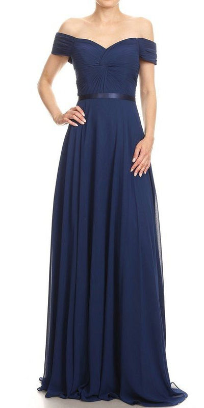 Navy Blue Off-Shoulder Long Formal Dress Lace-Up Back