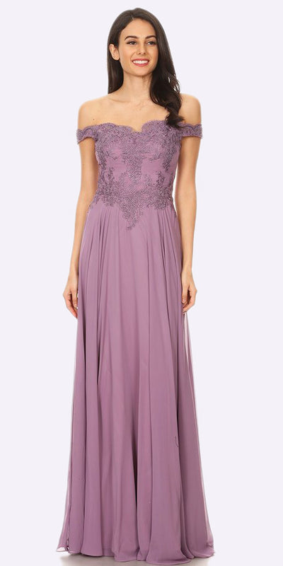 Off the Shoulder Mauve Formal Dress Floor Length Lace Bodice