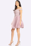 Short Off the Shoulder Mauve Dress Lace Bodice Organza Skirt Corset