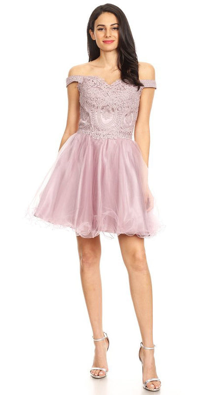 Short Off the Shoulder Mauve Dress Lace Bodice Organza Skirt Corset