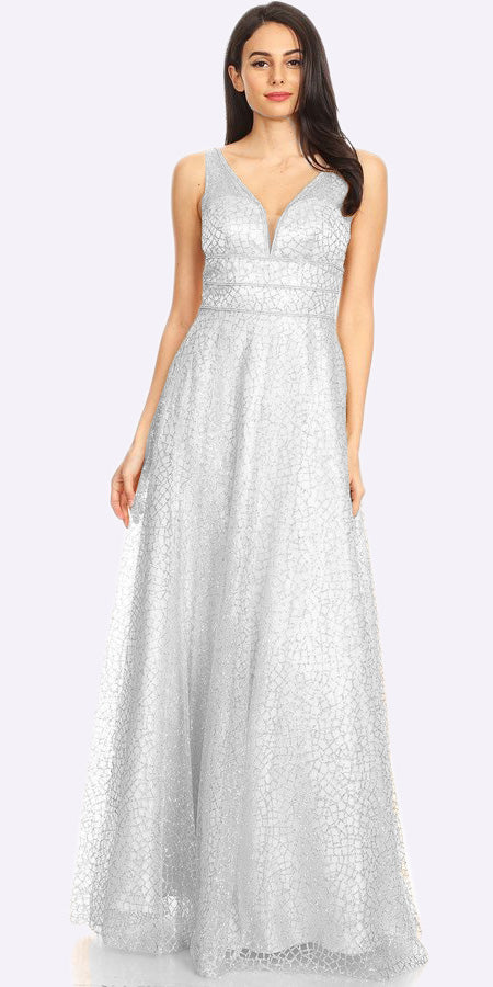 Long Metallic Mesh Glitter White Dress Floor Length