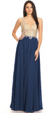 Navy Blue Lace-Applique Bodice Long Formal Dress Sleeveless
