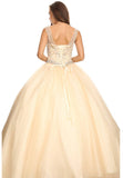 Champagne Round Neck Jeweled Bodice Lace Up Back Mesh Quinceanera Dress