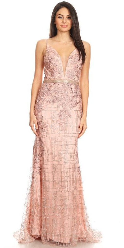 Dusty Rose Appliqued Long Prom Dress with Spaghetti Straps 