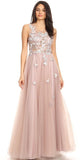Illusion Bodice Appliqued Mauve Long Prom Dress