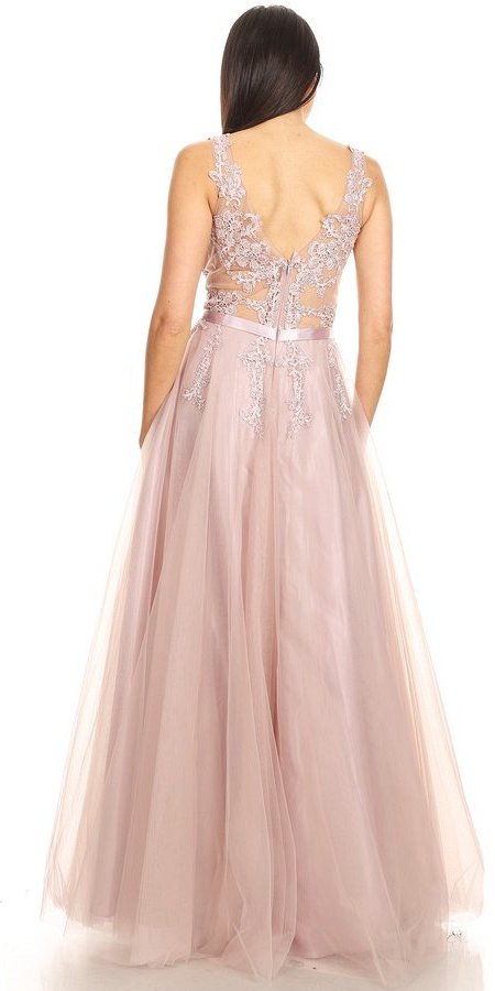 Stunning Illusion Appliqued Long Prom Dress Mauve