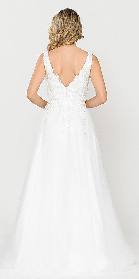 Appliqued V-Neck and Back Long White Wedding Dress