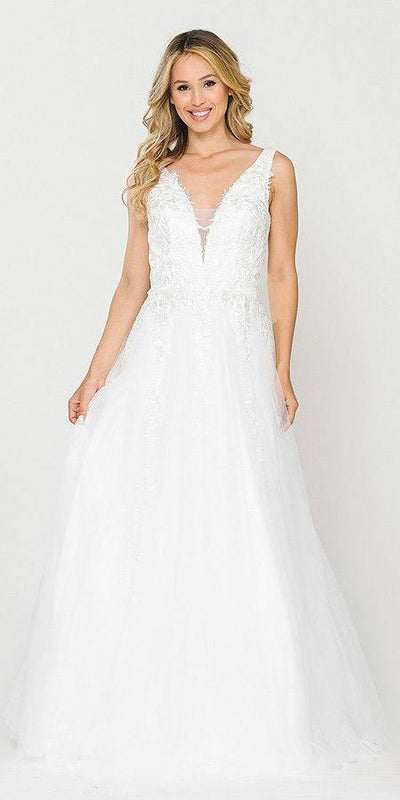 Appliqued V-Neck and Back Long White Wedding Dress