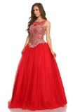 Red Quinceanera Dress with Golden Applique Cut-Out Back Sleeveless