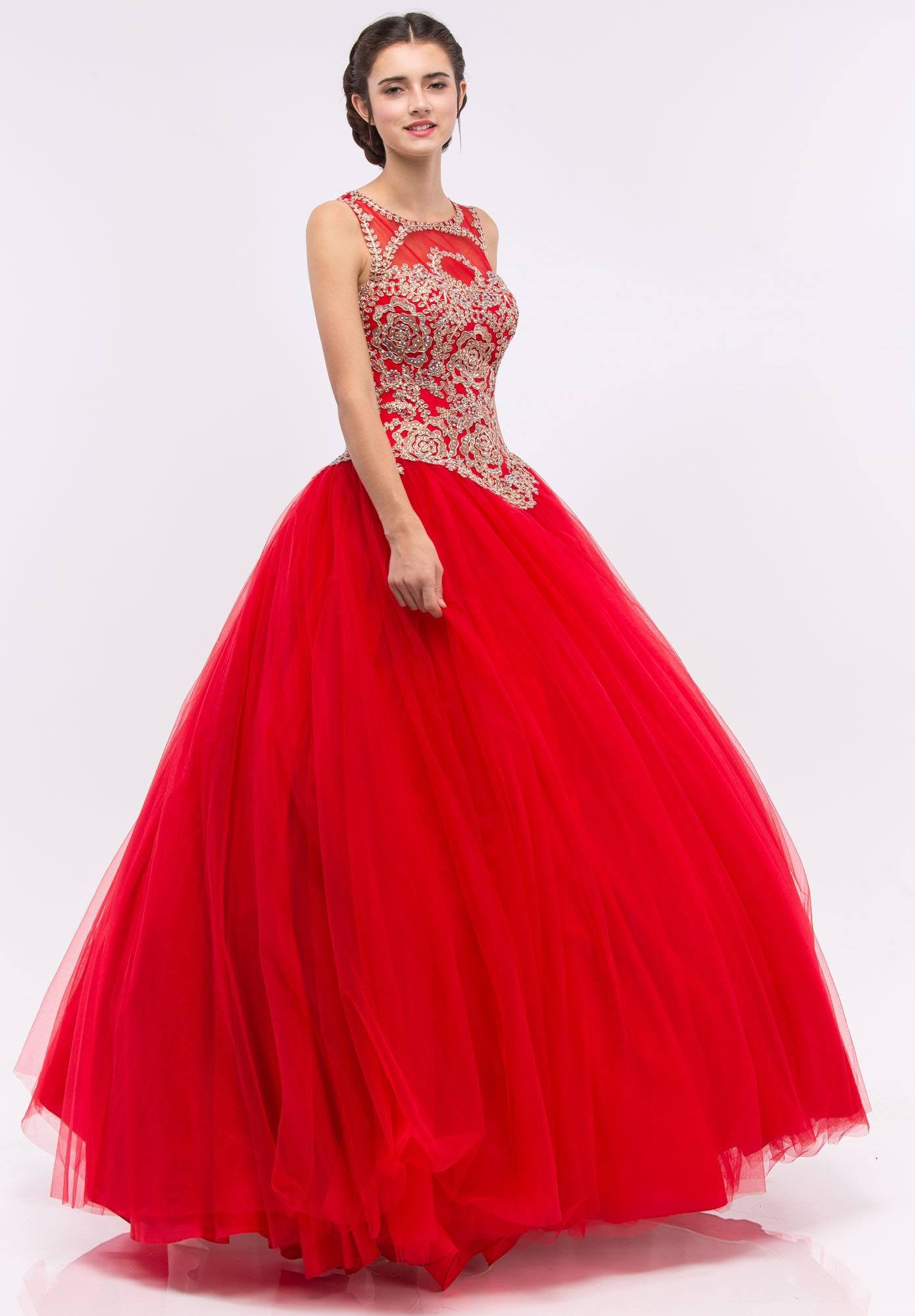 Red Quinceanera Dress with Golden Applique Cut-Out Back Sleeveless