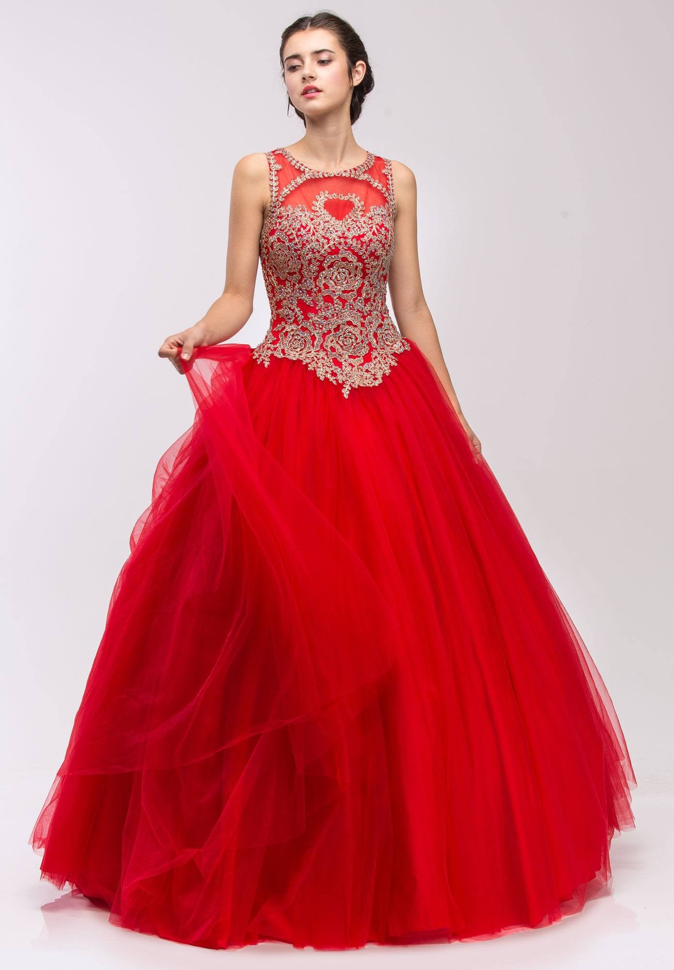 Red Quinceanera Dress with Golden Applique Cut-Out Back Sleeveless