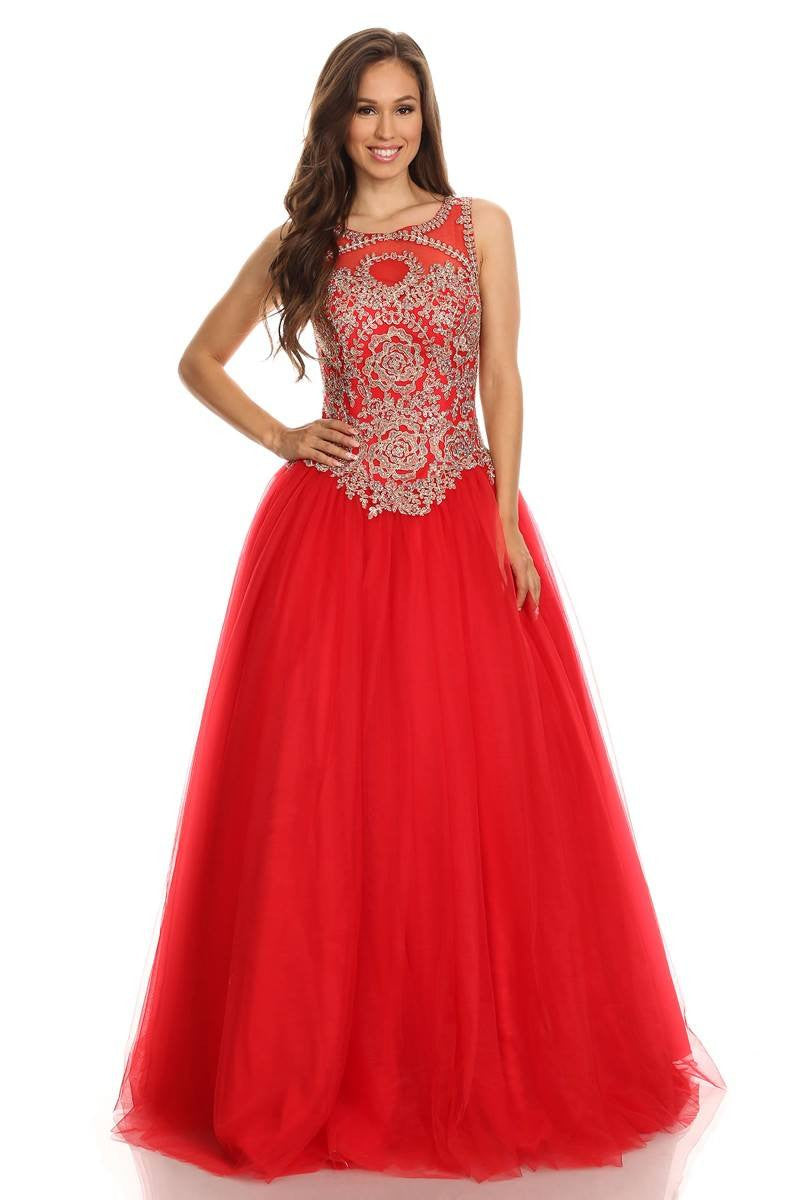 Red Quinceanera Dress with Golden Applique Cut-Out Back Sleeveless