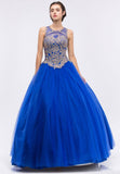 Royal Blue Quinceanera Dress with Golden Applique Cut-Out Back Sleeveless