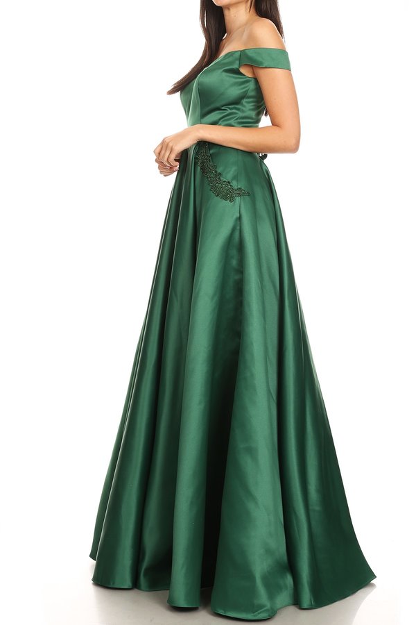Hunter Green Off-Shoulder Long Prom Dress with Pockets