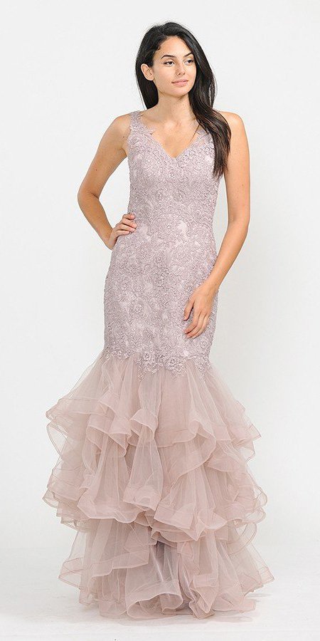 Tiered Mauve Appliqued Long Prom Dress
