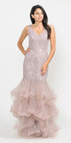 Tiered Mauve Appliqued Long Prom Dress