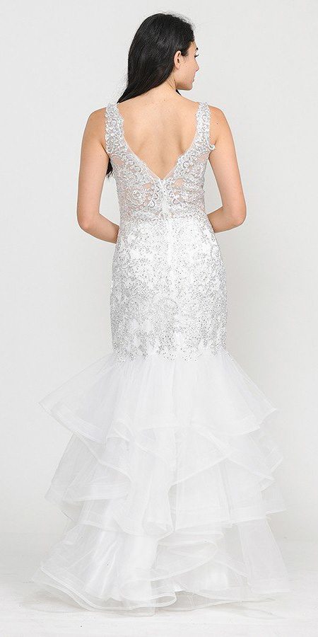 Tiered White Appliqued Long Prom Dress