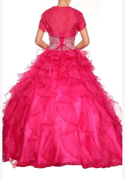 Corset Bodice Strapless Ruffled Tiered Fuchsia Puffy Gown Back