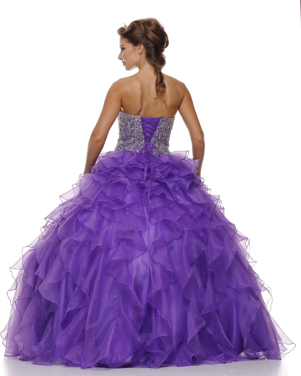 Corset Bodice Strapless Ruffled Tiered Purple Puffy Gown Back