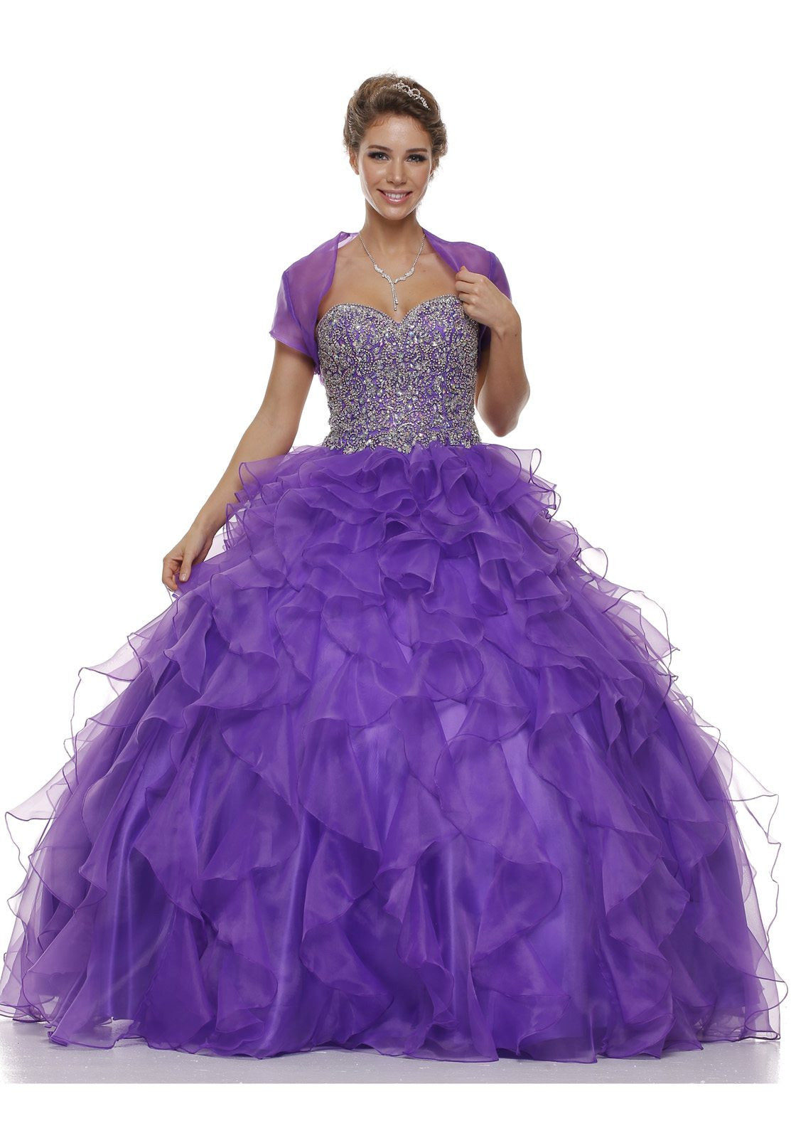 Corset Bodice Strapless Ruffled Tiered Purple Puffy Gown